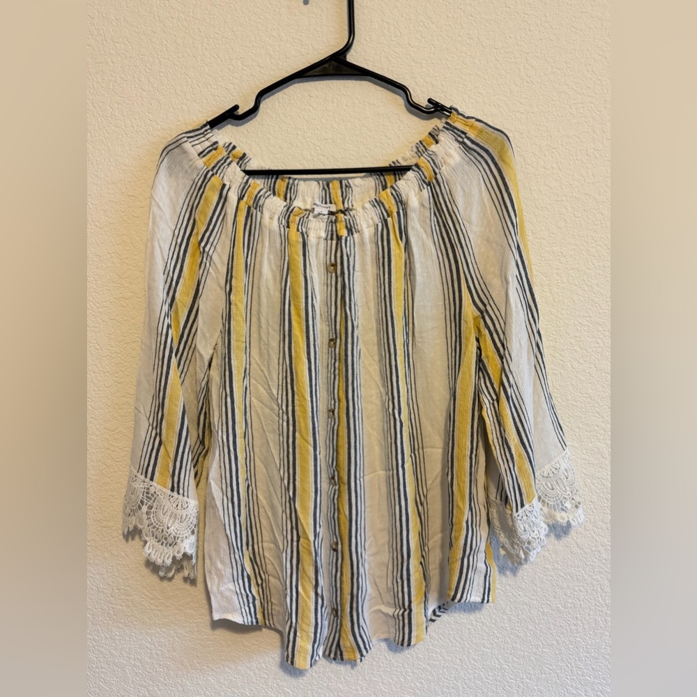 Westport Yellow, White & Black Striped Peasant Top